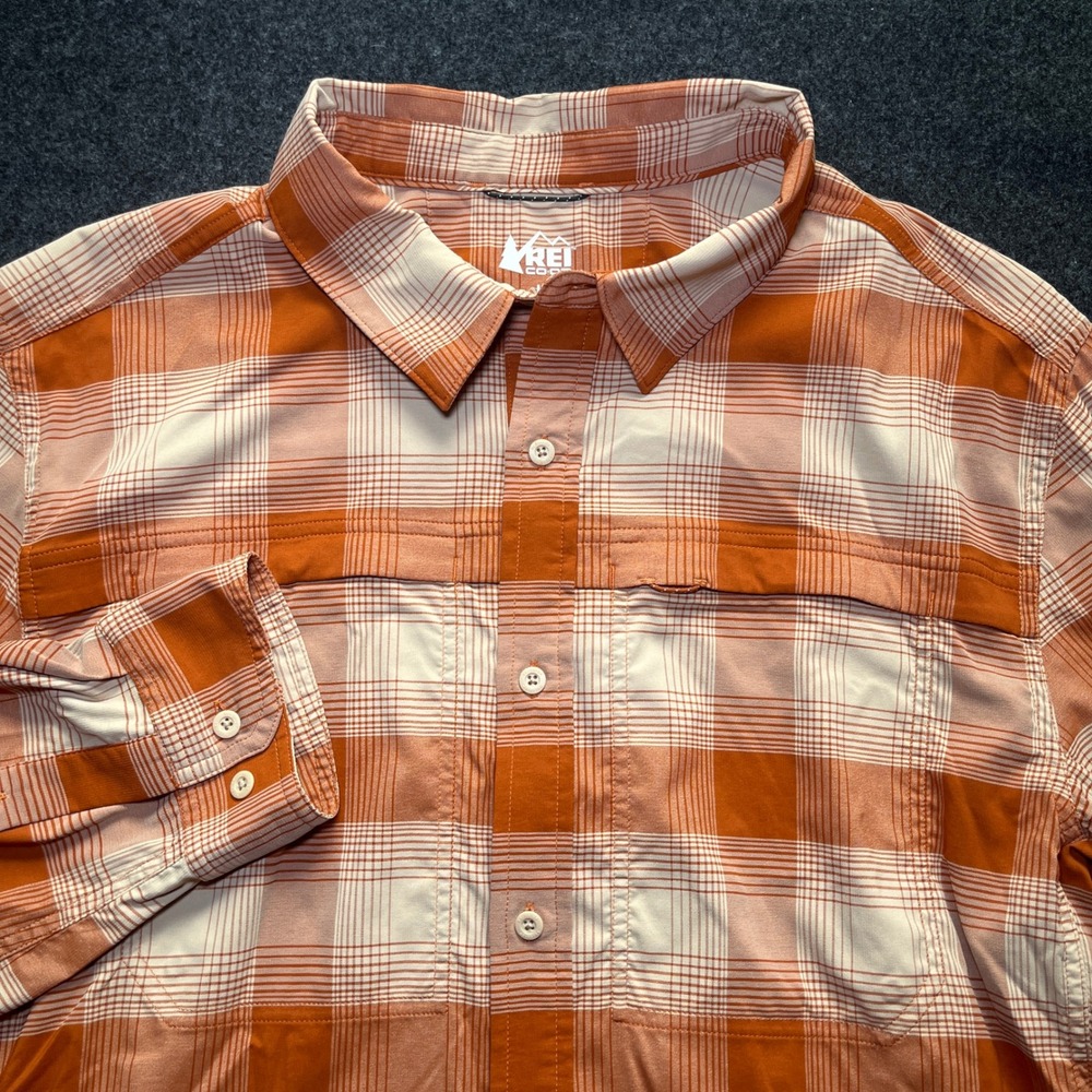REI Co-op Sahara Shirt Mens Large Orange Plaid Excellent Long Sleeve Hiking